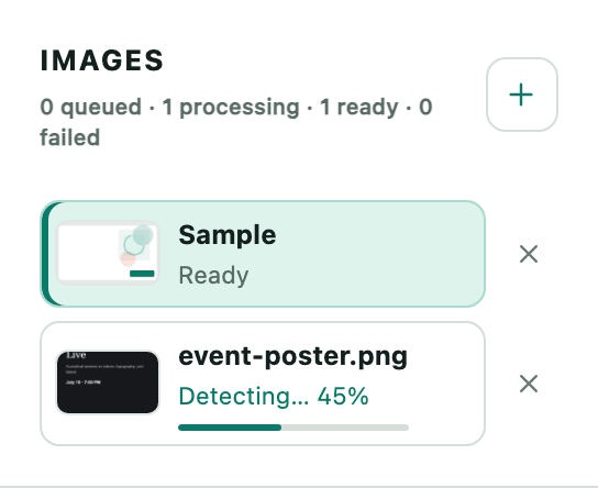 The images panel with two uploads, one ready and one still detecting with a progress bar