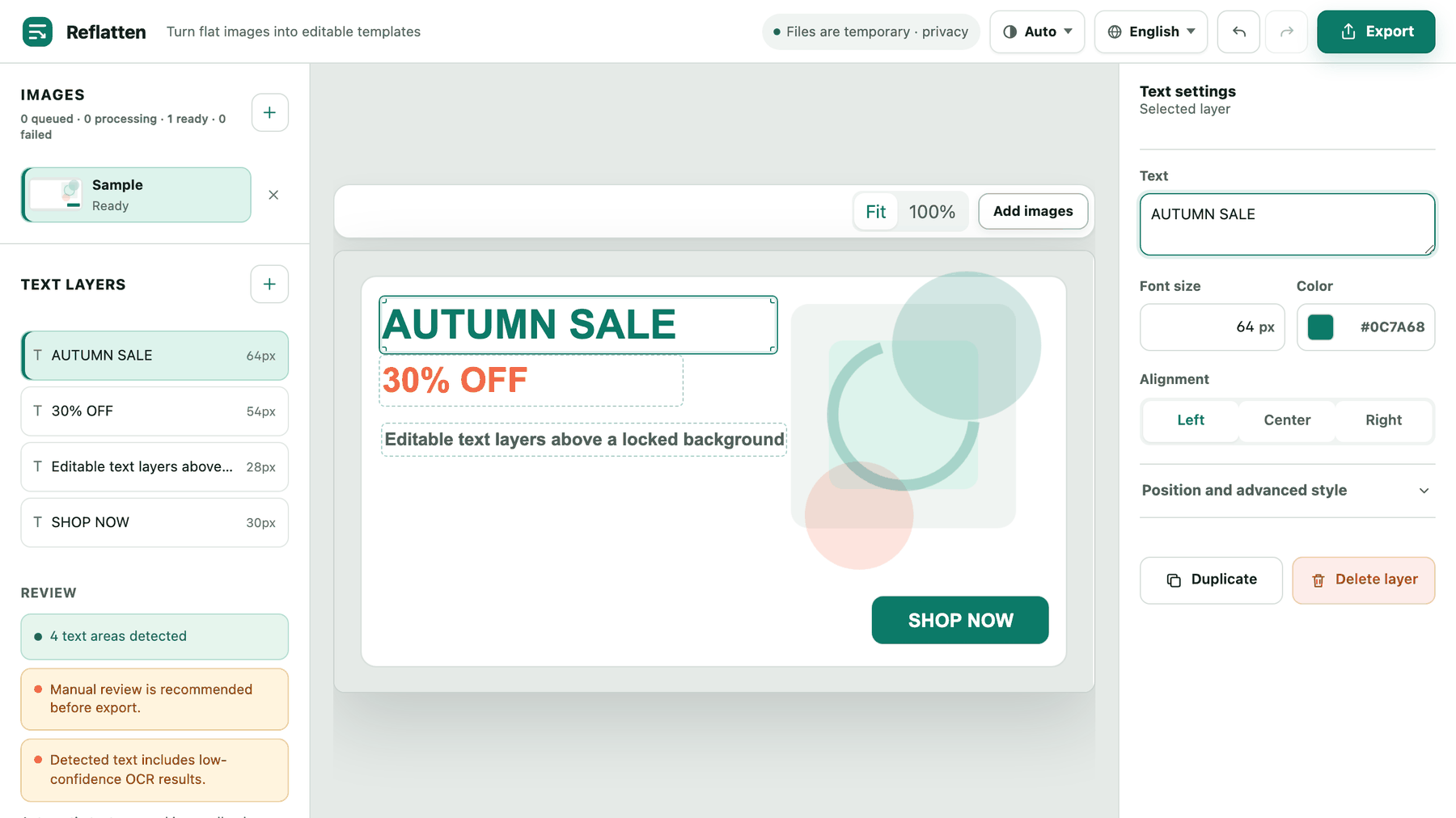 The Reflatten editor with a banner headline replaced, the new wording already visible on the canvas